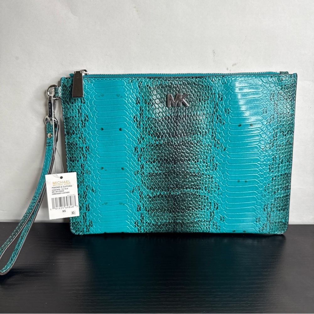 NWT Michael Kors Tile Blue Python Snake Medium Zip Pouch Clutch Embossed Leather